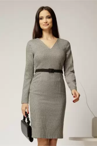Rochie DY Fashion conica din stofa carou negru gri si curea in talie