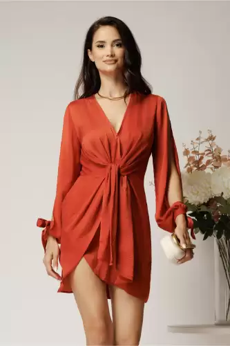 Rochie DY Fashion corai din viscoza cu nod in talie si maneci decupate
