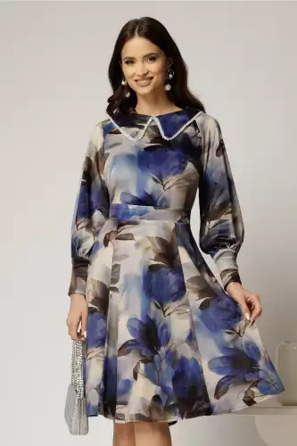 Rochie DY Fashion din catifea cu print albastru si perle la guler