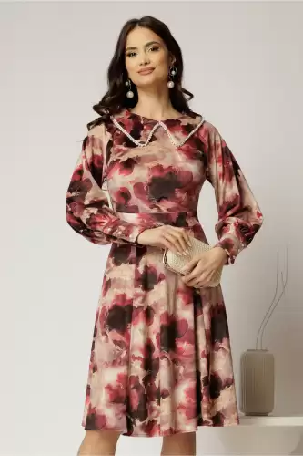 Rochie DY Fashion din catifea cu print grena si perle la guler