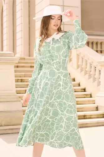 Rochie DY Fashion din viscoza alba cu imprimeuri verzi si funda la decolteu