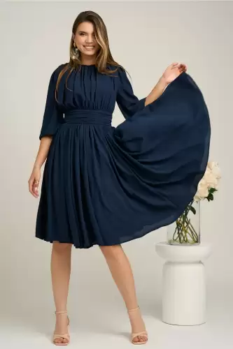 Rochie DY Fashion din voal bleumarin clos cu pliuri