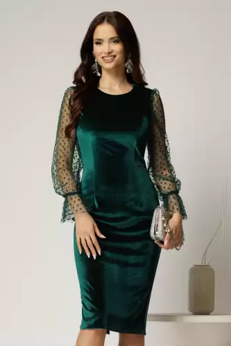 Rochie DY Fashion eleganta din catifea verde cu maneci din tull cu buline