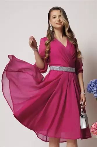 Rochie DY Fashion eleganta din voal fucsia cu fir stralucitor si cordon