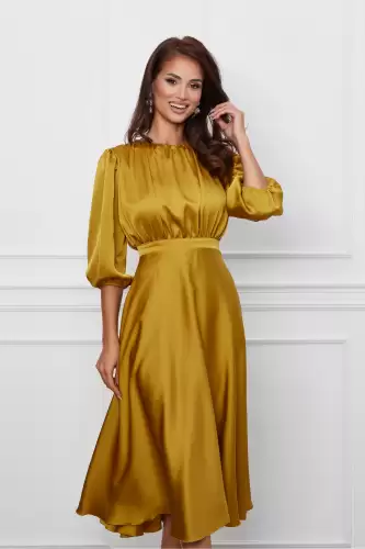 Rochie Dy Fashion galben mustar din satin cu pliuri la bust