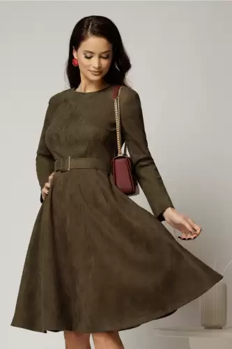 Rochie DY Fashion kaki clos din piele intoarsa si curea in talie