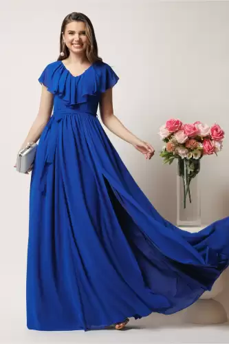 Rochie DY Fashion lunga albastra in clos din voal cu volanas la bust si crapatura pe picior