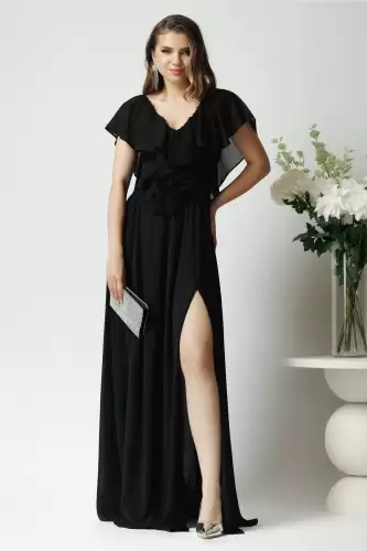 Rochie DY Fashion lunga eleganta din voal neagra cu floare in talie si volan la bust