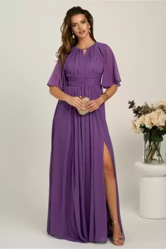 Rochie DY Fashion lunga mov din voal in clos cu crapatura pe picior