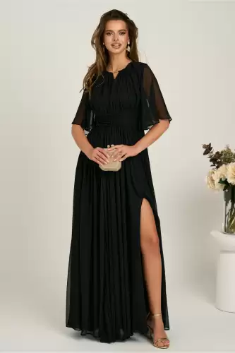 Rochie DY Fashion lunga neagra din voal in clos cu crapatura pe picior
