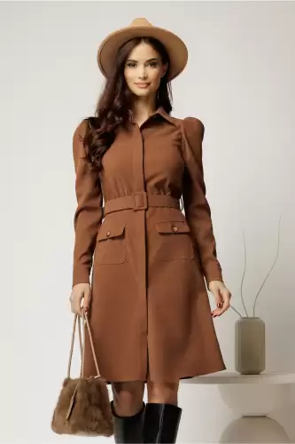 Rochie DY Fashion maro din catifea reiata tip camasa si curea in talie