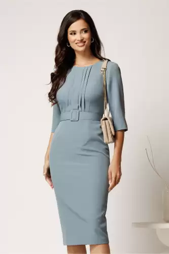 Rochie DY Fashion midi bleu din stofa conica cu pliuri pe bust si curea in talie