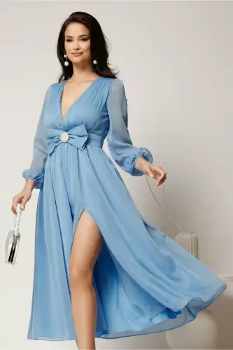 Rochie DY Fashion midi bleu din voal in clos cu funda maxi in talie