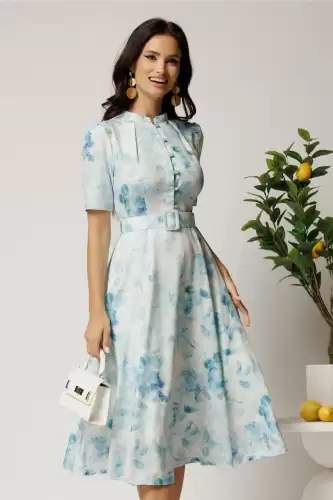 Rochie DY Fashion midi bleu in clos din rayon cu imprimeu floral si curea in talie