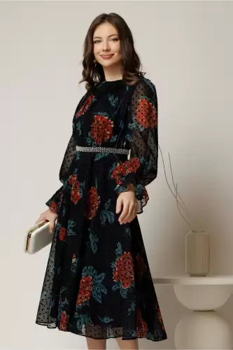 Rochie DY Fashion midi bleumarin din voal cu buline de catifea in clos cu perle in talie