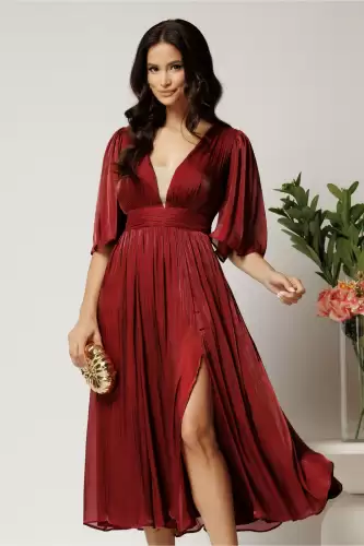 Rochie DY Fashion midi bordo din voal in clos cu tull la decolteu si crapatura pe picior