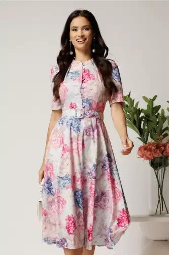 Rochie DY Fashion midi cu flori roz si bleu in clos din rayon