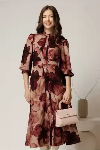 Rochie DY Fashion midi cu imprimeu magenta cu maneci bufante si curea in talie