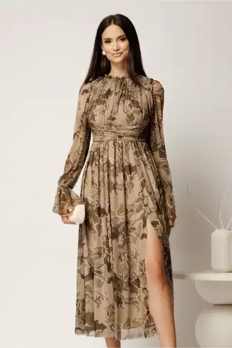 Rochie DY Fashion midi kaki cu imprimeu din tulle fin in clos cu crapatura pe picior