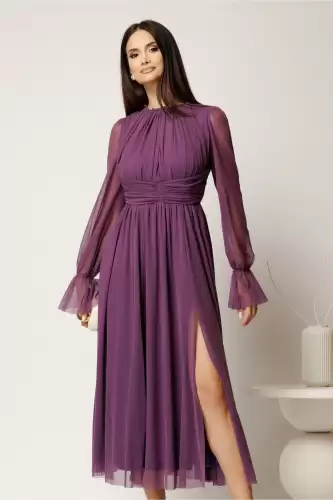 Rochie DY Fashion midi mov din tulle fin in clos cu crapatura pe picior