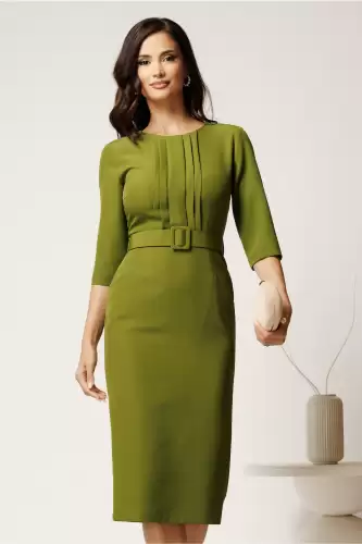 Rochie DY Fashion midi verde crud din stofa conica cu pliuri pe bust si curea in talie