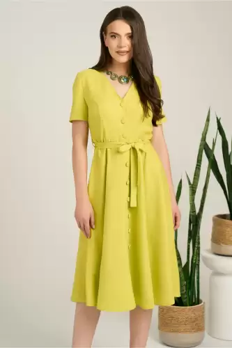 Rochie DY Fashion midi verde lime din material fluid in clos cu nasturi si cordon in talie