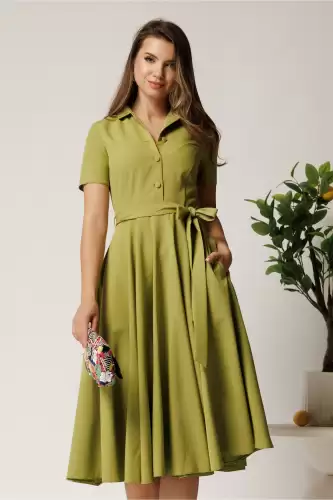 Rochie DY Fashion midi verde lime din stofa subtire cu cordon si buzunare