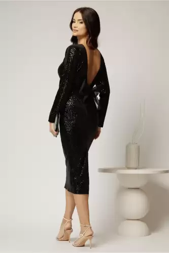 Rochie DY Fashion neagra din catifea cu paiete si funda maxi la spate