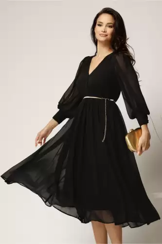 Rochie DY Fashion neagra din voal cu decolteu petrecut si curea in taIie