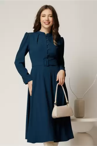 Rochie DY Fashion turcoaz din triplu voal cu nasturi pe bust si curea in talie