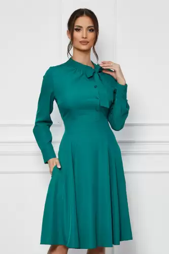 Rochie Dy Fashion verde cu funda la guler si nasturi pe bust