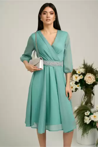 Rochie Dy Fashion verde menta din voal cu fir stralucitor si cordon