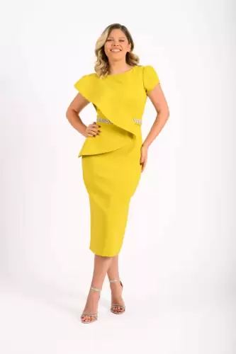 Rochie eleganta conica cu lungimea midi accesorizata cu cordon pretios detasabil la talie