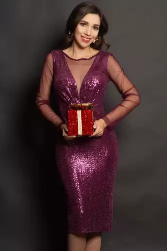 Rochie eleganta de ocazie Celeste mov cu paiete si maneci din tulle