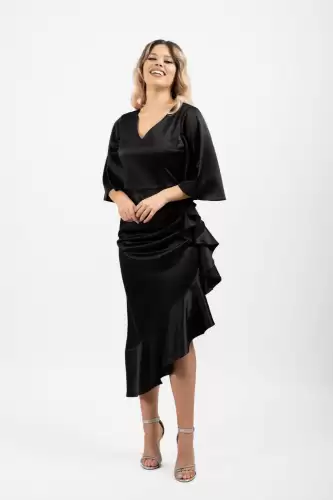 Rochie eleganta de ocazie din tafta cu lungimea midi asimetrica si volane in lateral