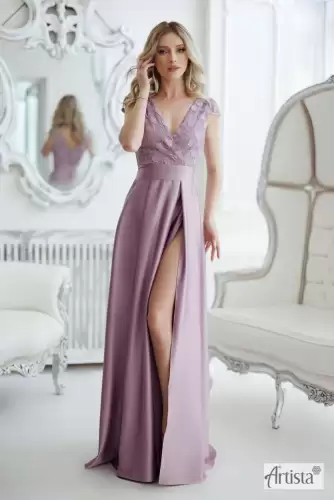 Rochie eleganta din tafta lila cu slit pe picior