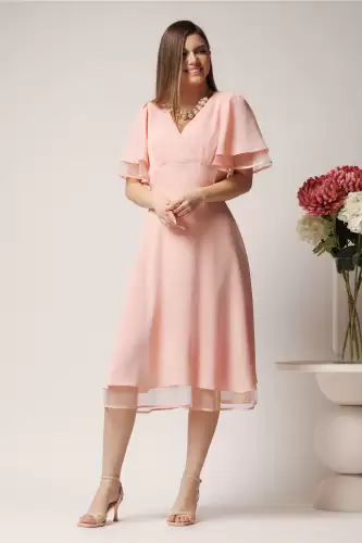 Rochie eleganta din voal crep cu volane din tull la maneci