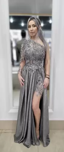 Rochie eleganta din voal gri cu broderie pretioasa din flori 3D si perle