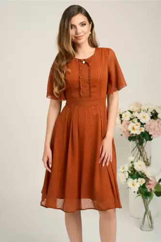 Rochie eleganta din voal portocalie cu insertii in relief si fir lurex