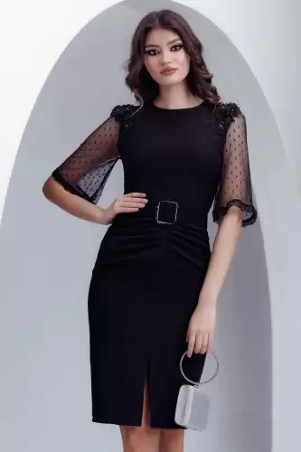 Rochie eleganta Fofy neagra cu maneci de dantela si aplicatii 3D