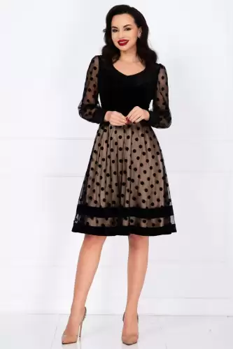 Rochie eleganta in clos din catifea cu dublura bej si buline