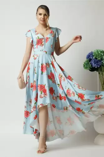 Rochie eleganta lunga din tafta bleu cu imprimeu si cordon in talie