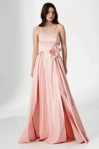 Rochie eleganta lunga roz Lorelai din tafta cu floare 3D