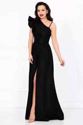 Rochie eleganta neagra Amanda din jacquard creponat