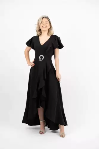 Rochie eleganta neagra asimetrica cu volane si slit