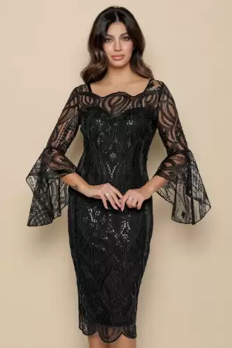 Rochie eleganta neagra cu croiala cambrata si maneca cu design deosebit