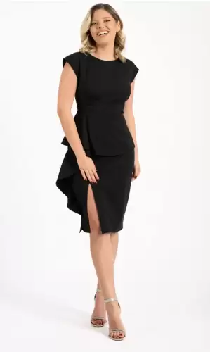 Rochie eleganta neagra cu volan la talie si maneca scurta