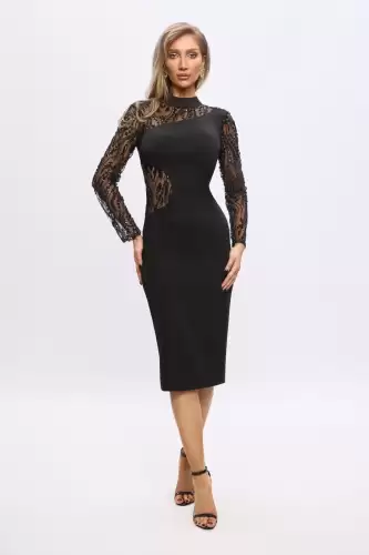 Rochie eleganta neagra midi cu maneci din dantela si spatele gol