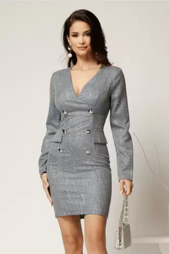 Rochie eleganta tip sacou din stofa gri cu imprimeu pepit