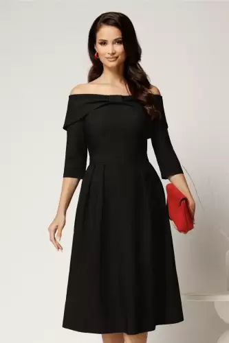 Rochie Irene midi neagra in clos cu umerii goi si funda la bust